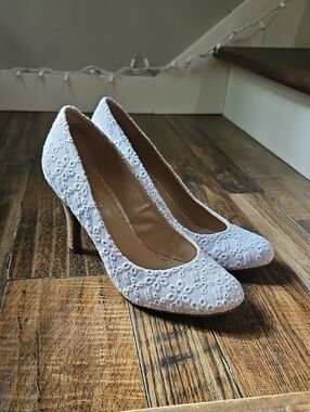 Kelly & Katie Elegant Summer White Eyelet Lace Women's Pump Cork Heels